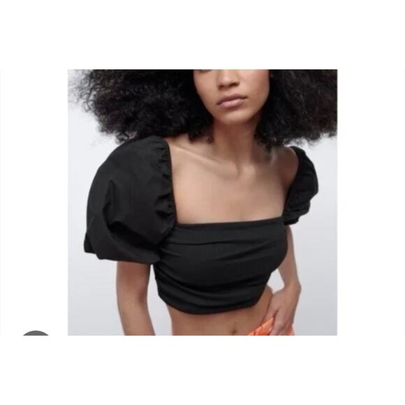 Zara Black Puffy Sleeve Top S NWT - Picture 2 of 4